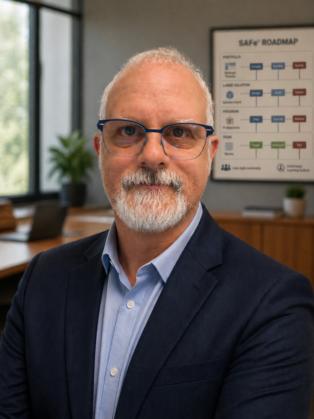Dan Spinazzola, wearing blue glasses and a navy jacket in an office